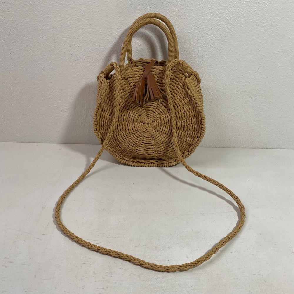 Woven Straw Round Crossbody Bag Tan Leather Tassel Boho Summer Beach Handbag